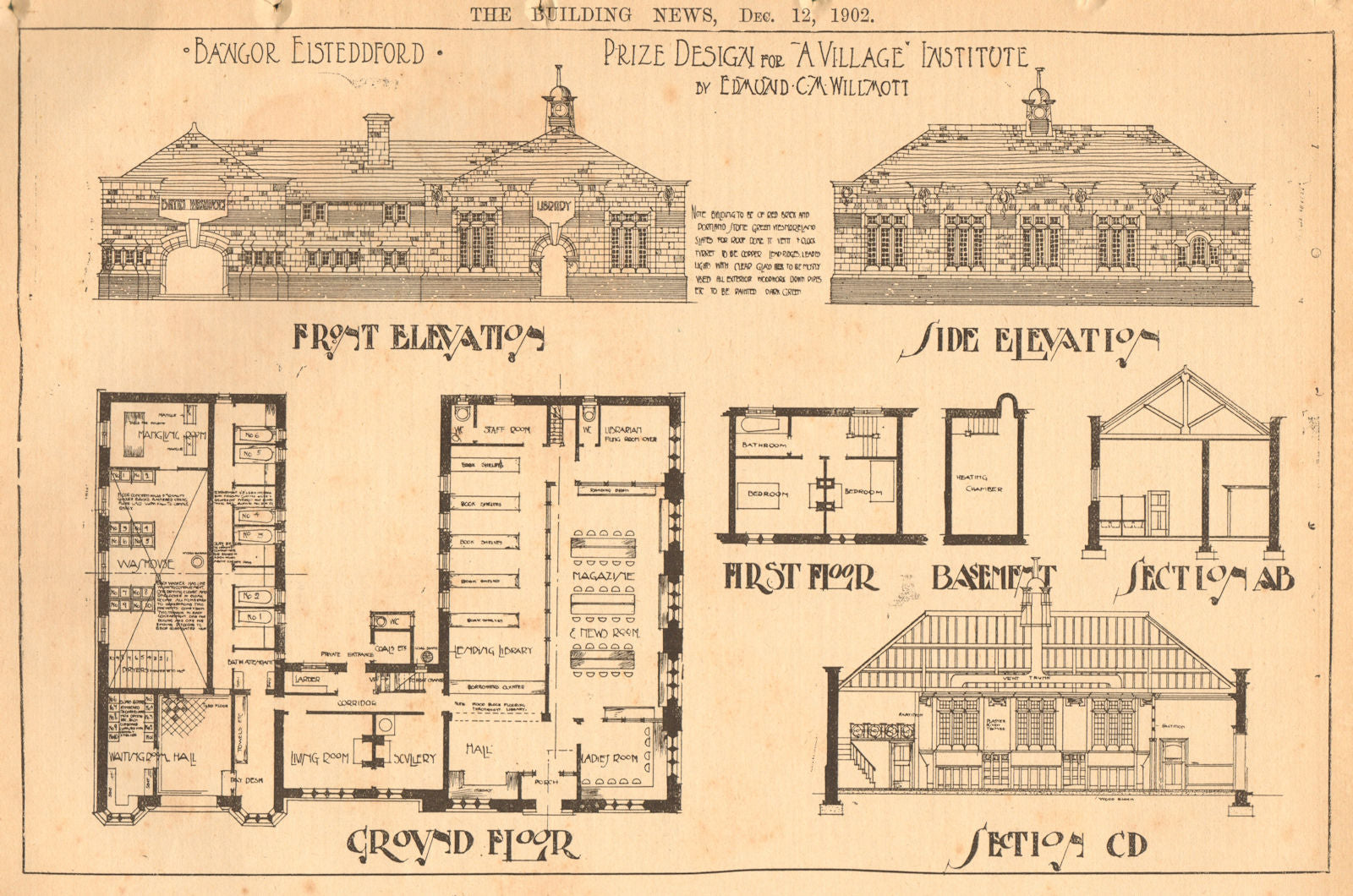 Bangor Eisteddford, village institute prize design by Edmund Willmott. Plan 1902